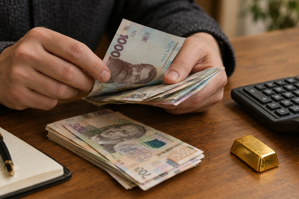 Руки перераховують гривні на столі поруч з калькулятором і невеликим золотим злитком