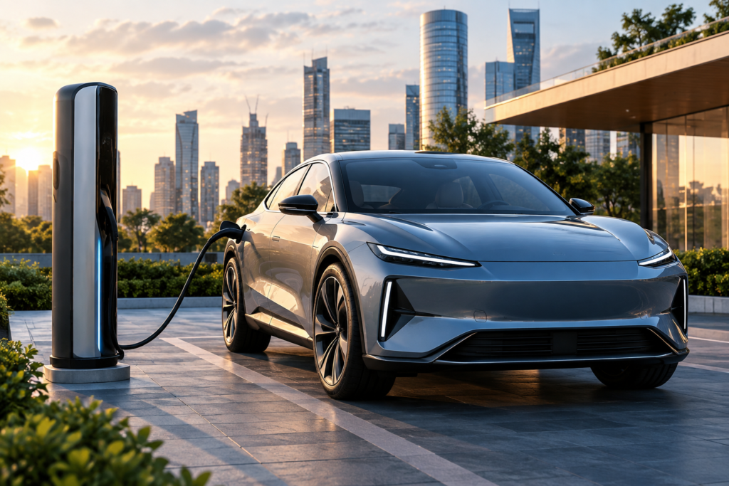 Geely електромобіль біля зарядної станції українською