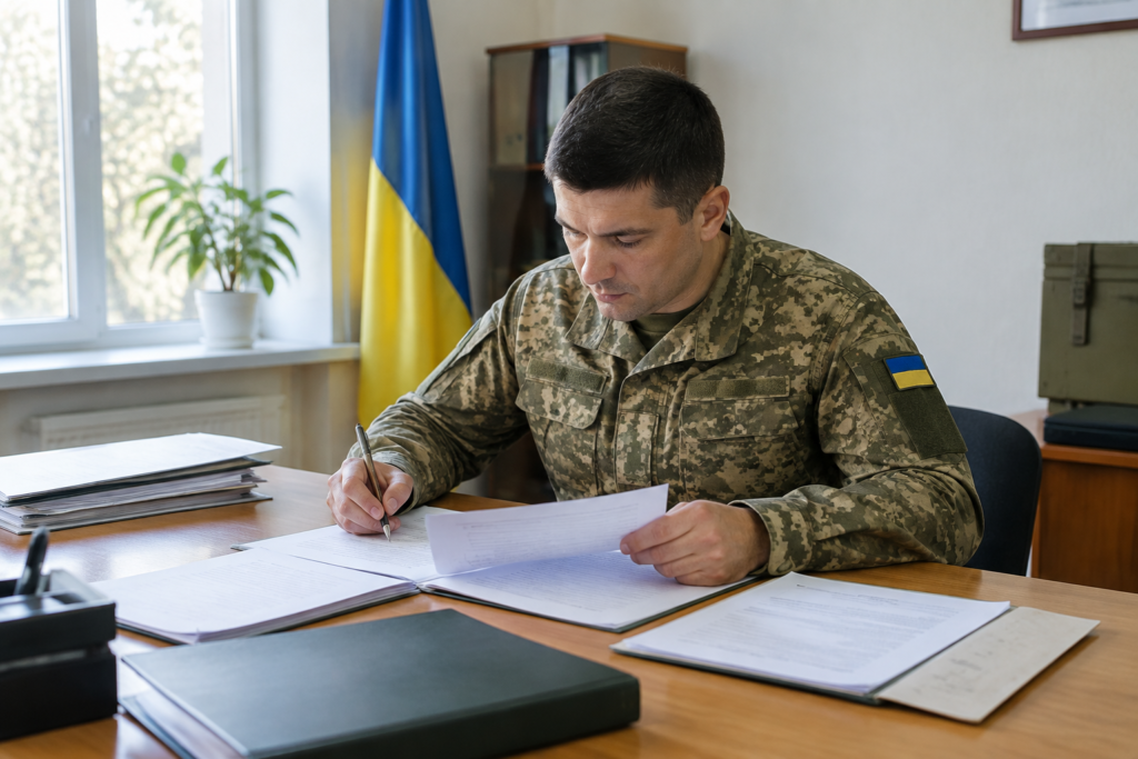 військовослужбовець готує документи на столі у військовому кабінеті