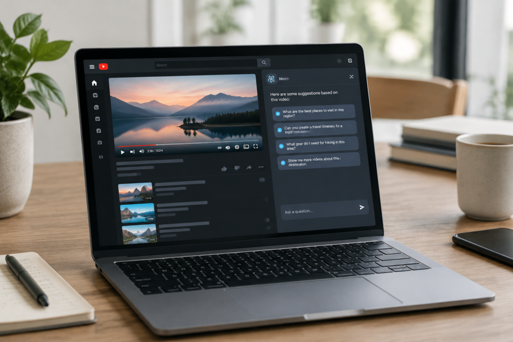екран ноутбука з інтерфейсом YouTube і підказками ШІ українською