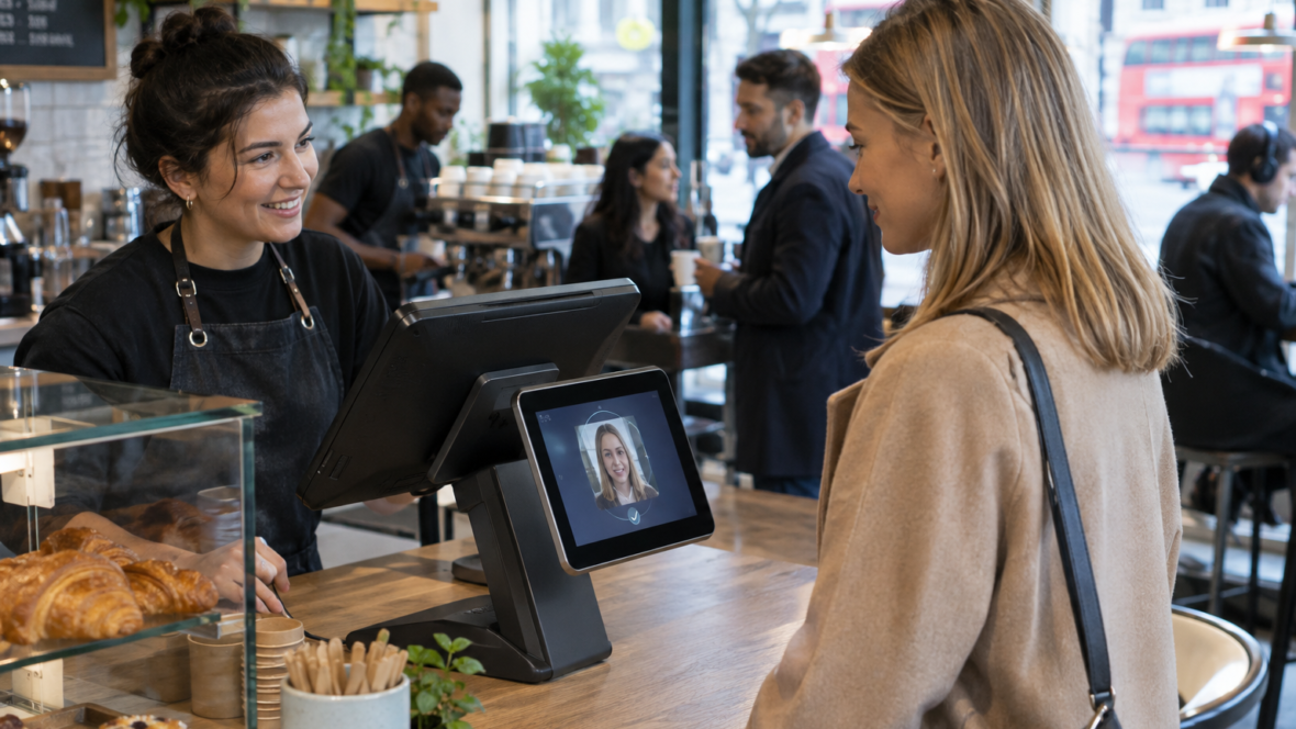 Демонстрація Pay with Smile на двоекранному POS Revolut у лондонській кавʼярні