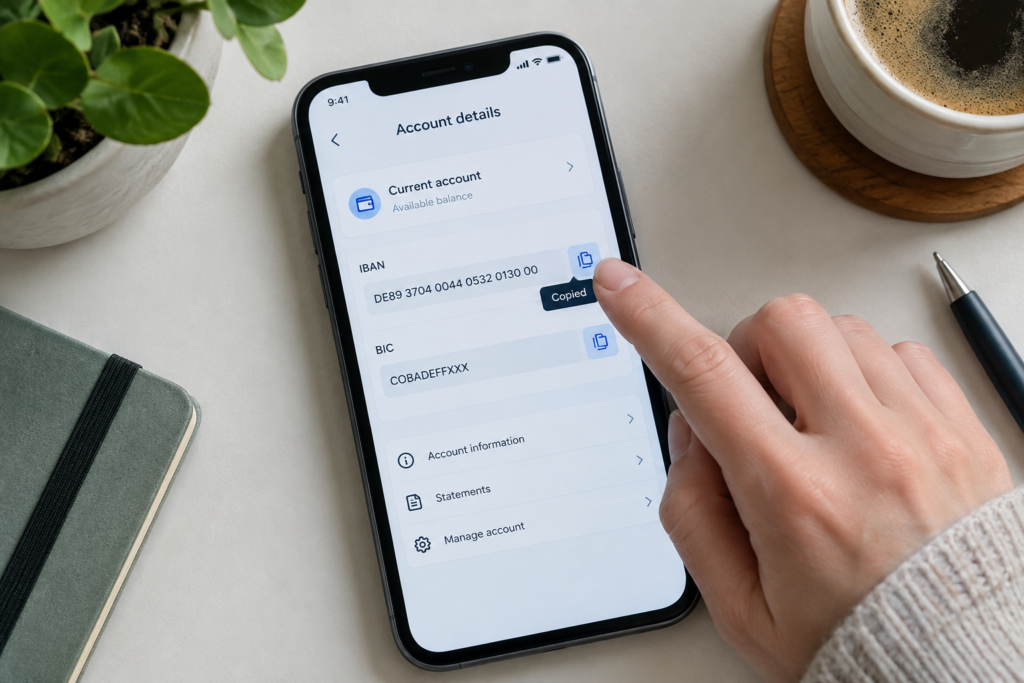 Смартфон з відкритими реквізитами IBAN і BIC у застосунку àbank24