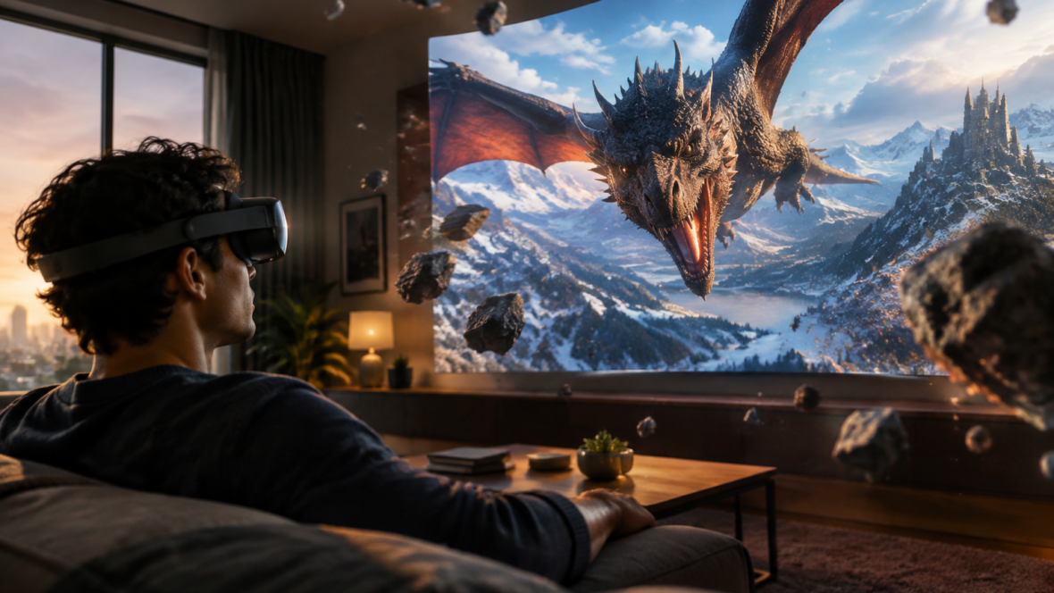 Користувач у VR-окулярах Meta дивиться великий віртуальний екран