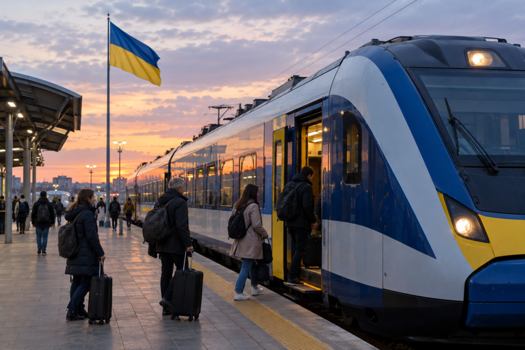 поезд на платформе с флагом Украины