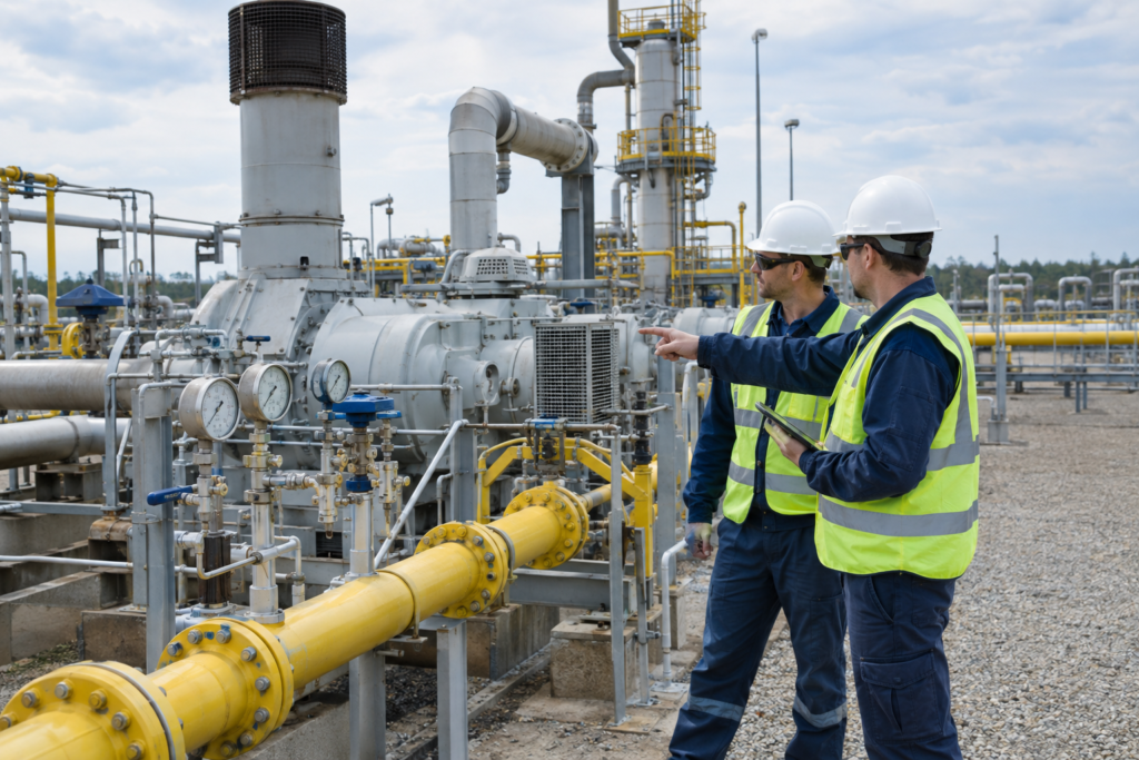 Инженеры у компрессорной станции газа