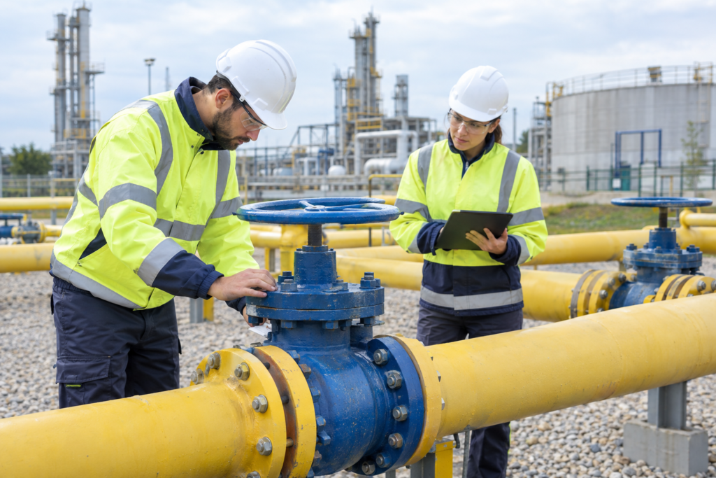 Инспекция газовых трубопроводов возле промышленных сооружений, рабочие в касках