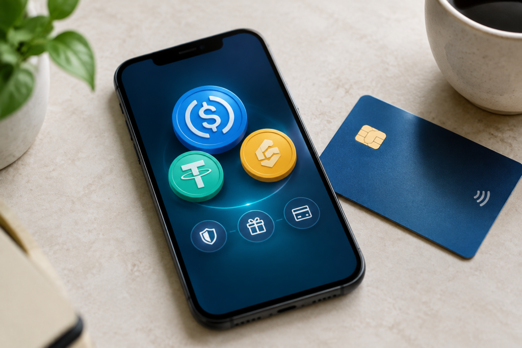 цифровые монеты на экране смартфона рядом с картой
