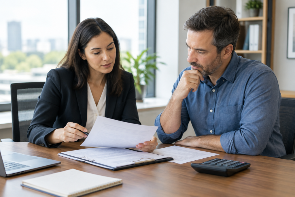 bank officer and borrower discussing loan papers