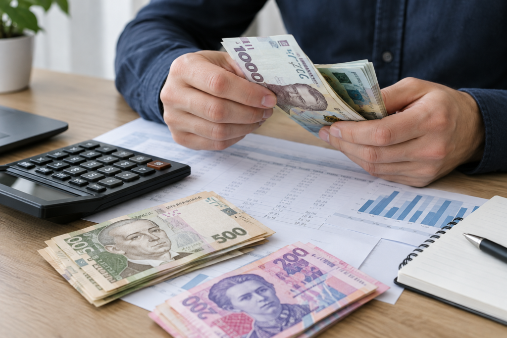 stack of banknotes and calculator on table