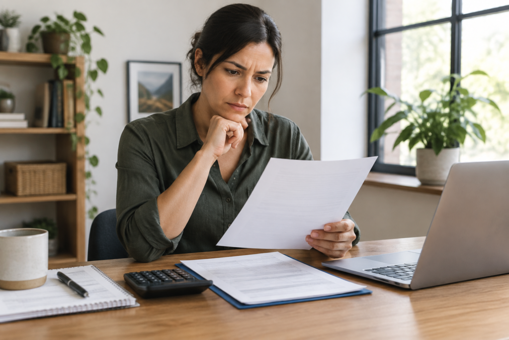 entrepreneur reviewing bank notice with documents