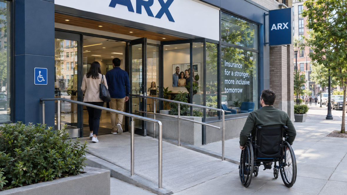 inclusive office exterior with ramp and signage