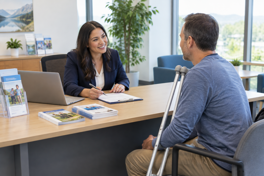 staff assisting a customer with crutches