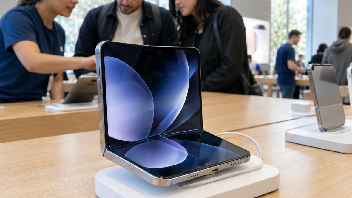 новий складаний iPhone Duo на демонстрації в магазині