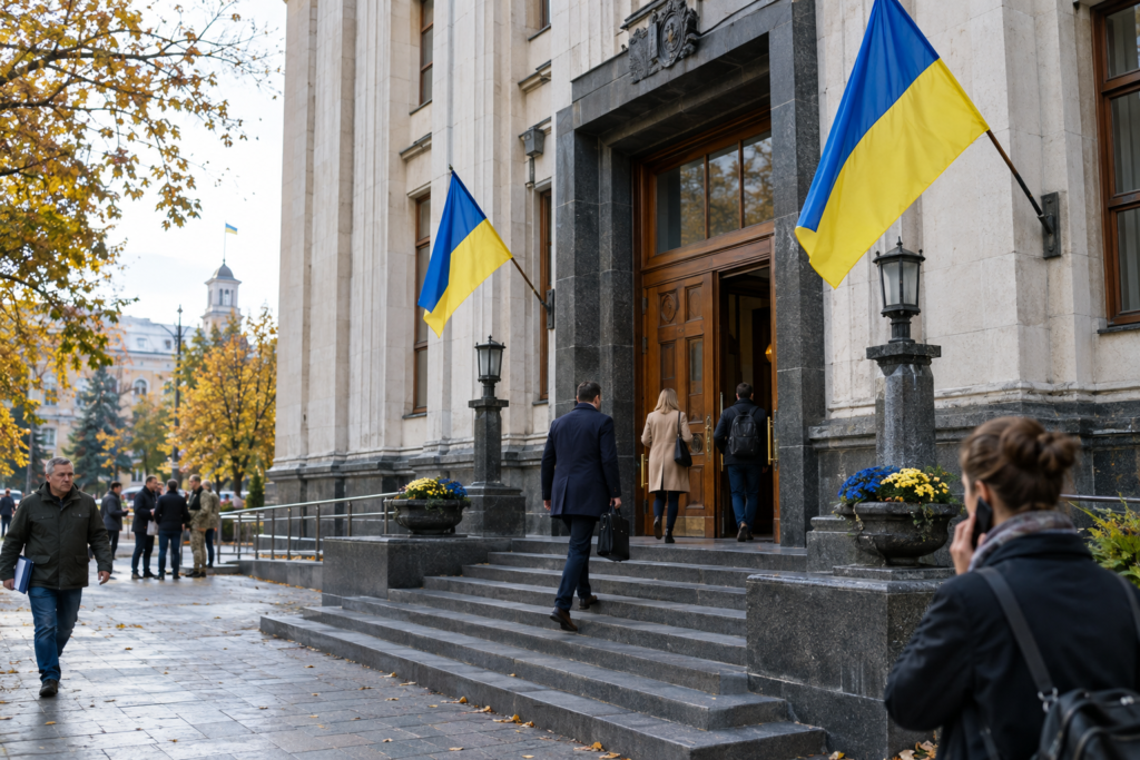 Будівля міської ради з прапорами