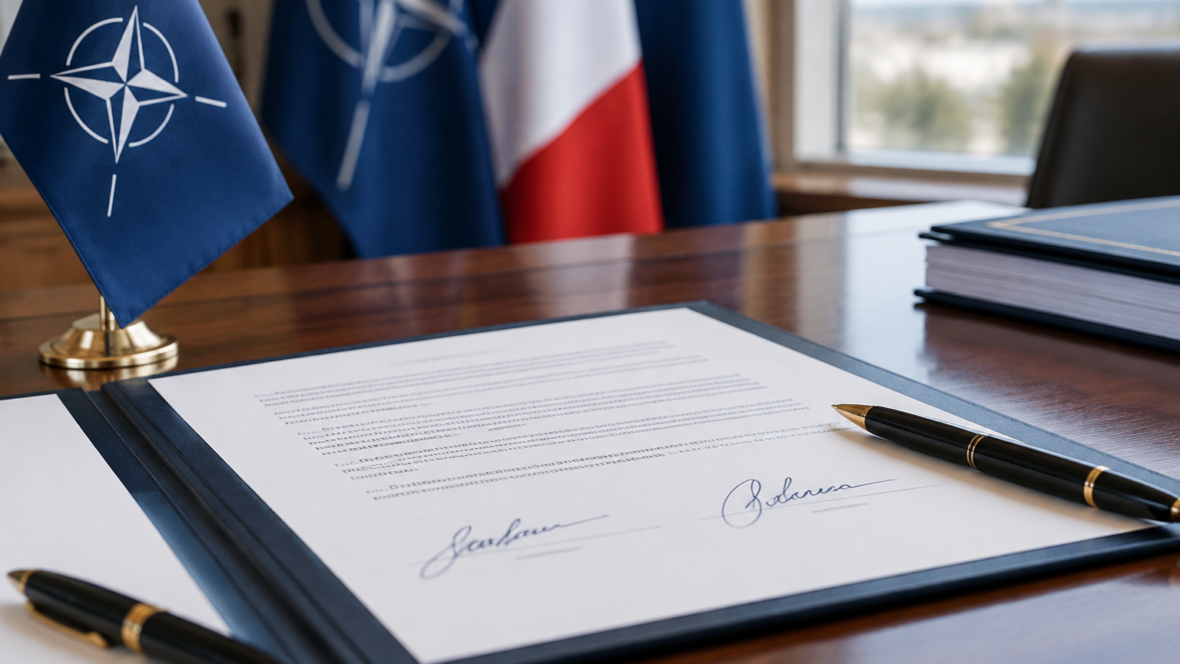 signed defense agreement on desk with insignia