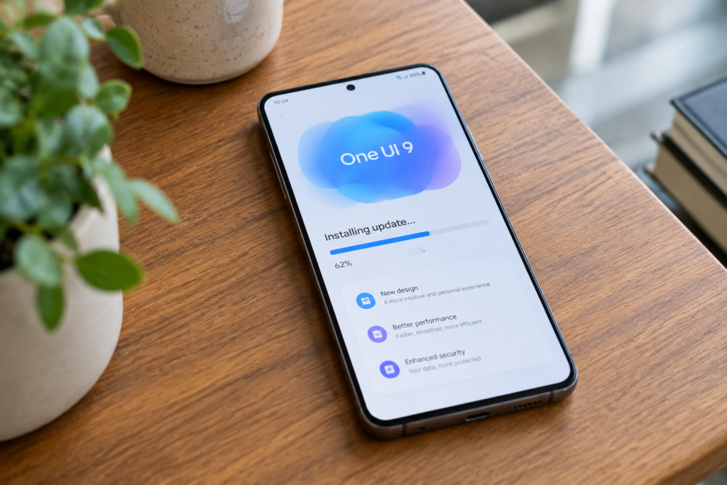 смартфон Galaxy на столі із екраном оновлення