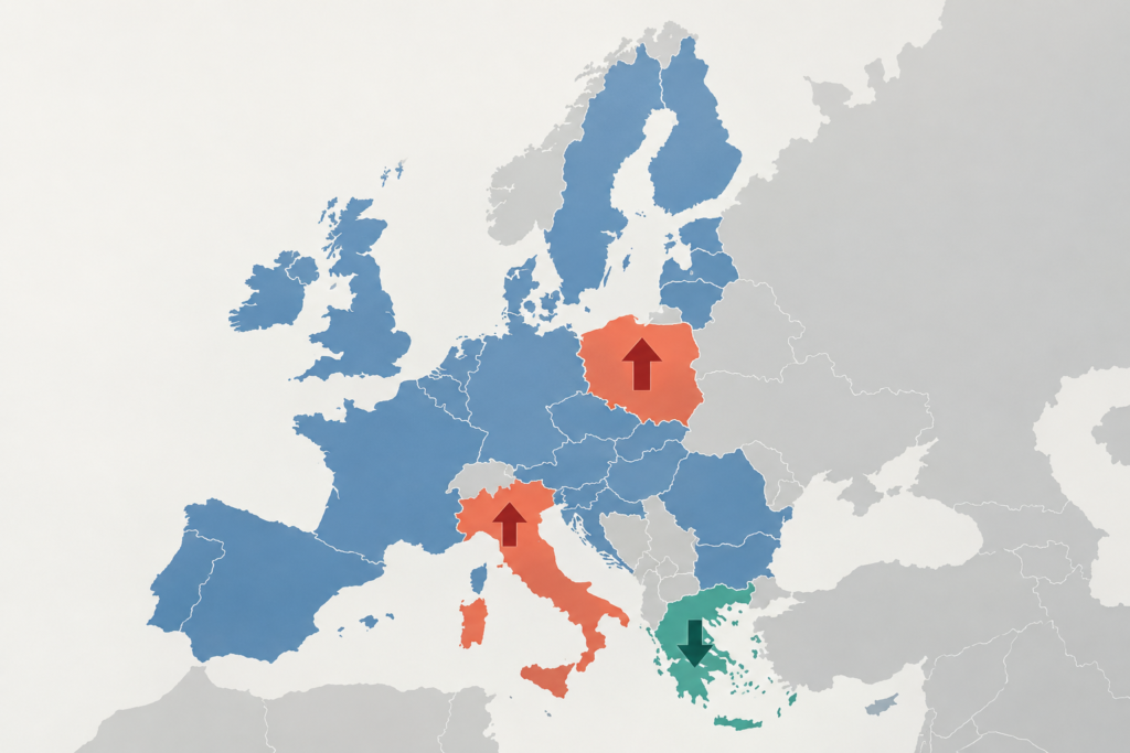карта с выделением Польши, Италии и Греции по уровню долга