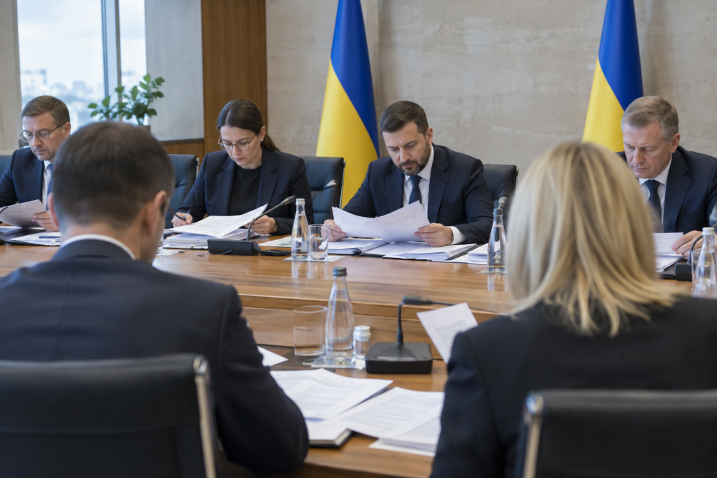 депутати за столом переглядають документи у залі засідань