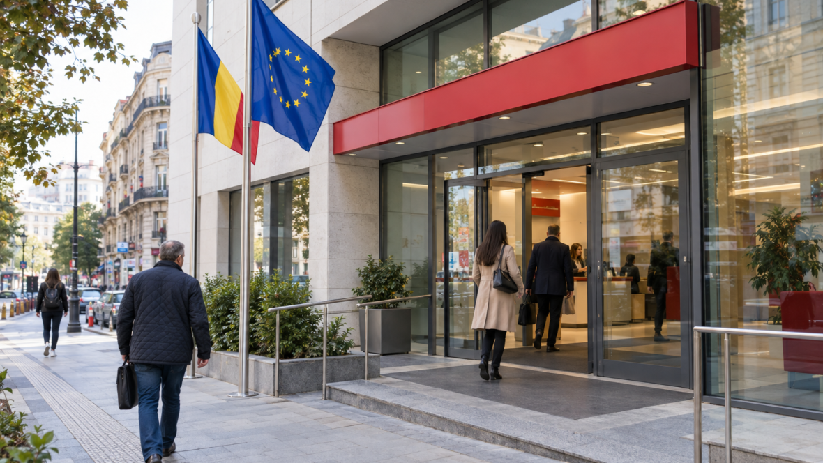 bank branch exterior with EU and national flags