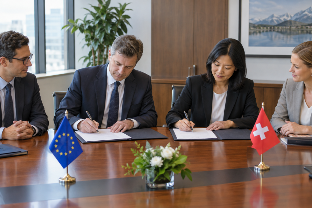bank officials signing financing agreement with flags