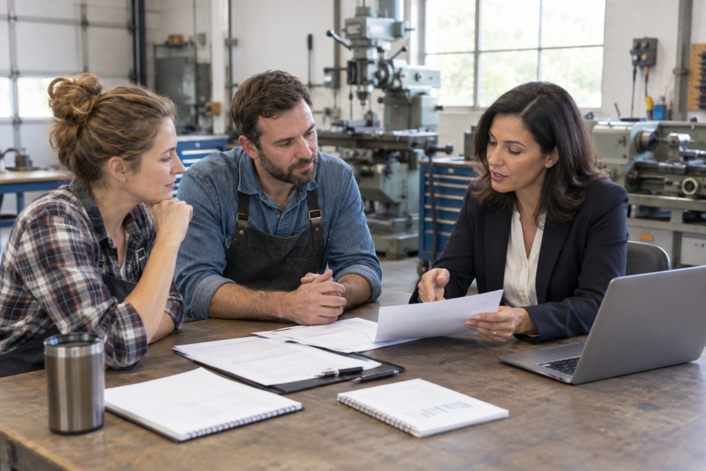 small business owners consulting bank advisor with documents