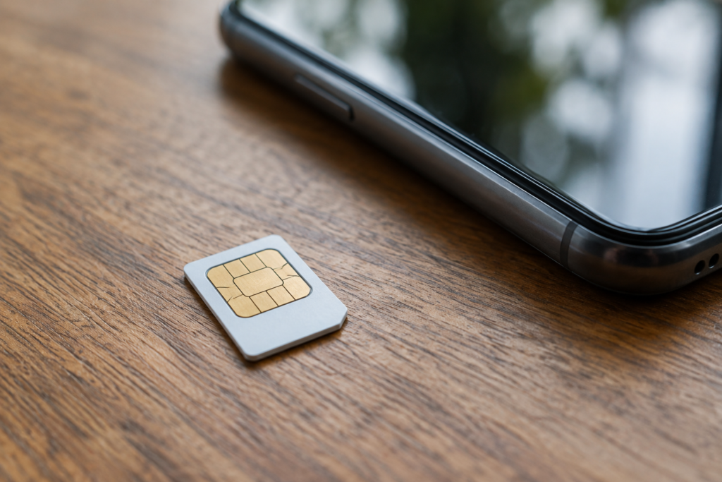 SIM card on wooden surface near phone