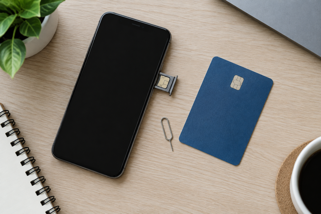 smartphone with SIM tray and bank card
