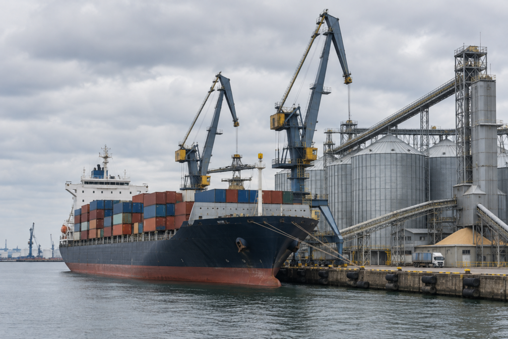 cargo ship loading grain at port
