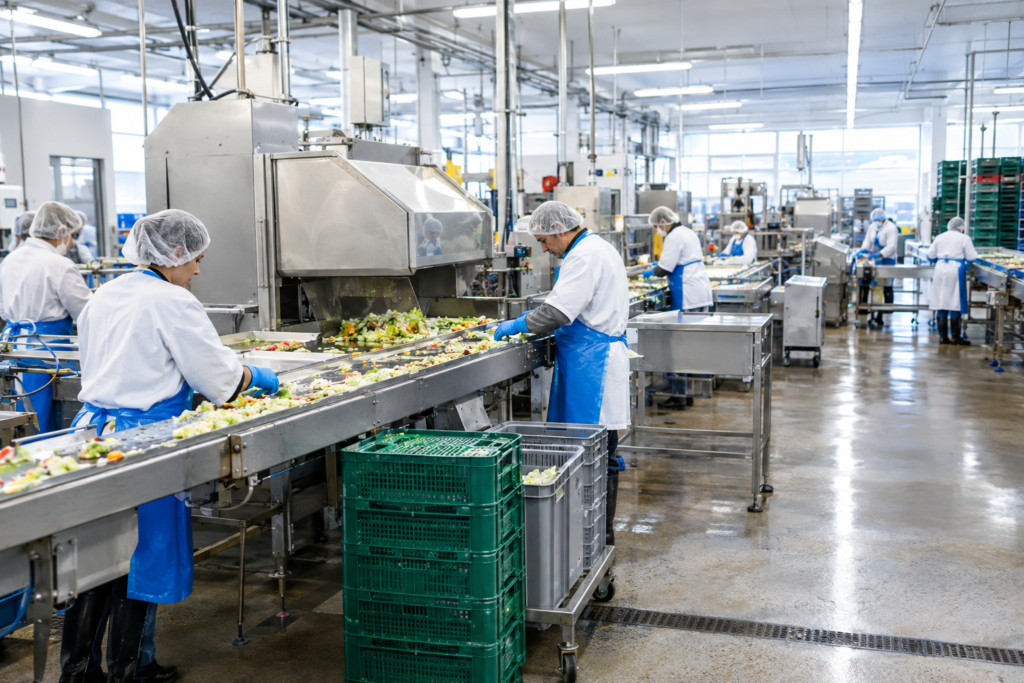 работники на линии переработки продуктов
