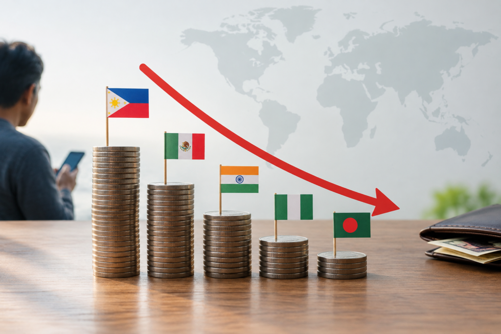 declining remittances infographic with flags