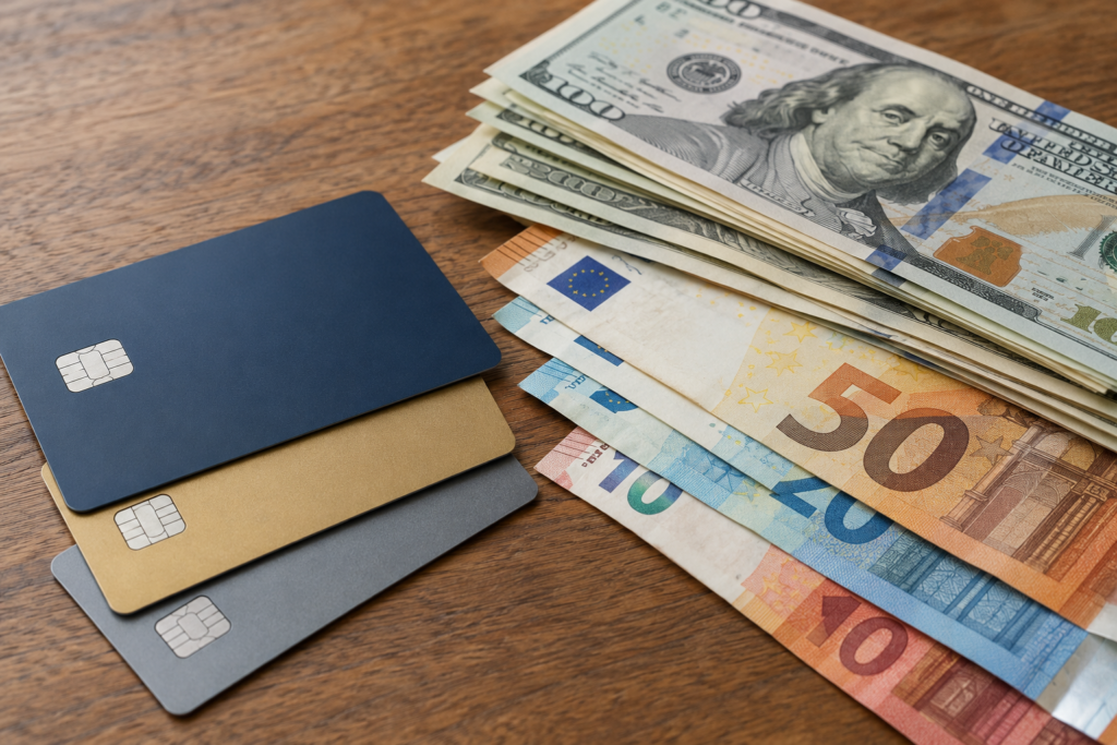 bank cards and cash on a table