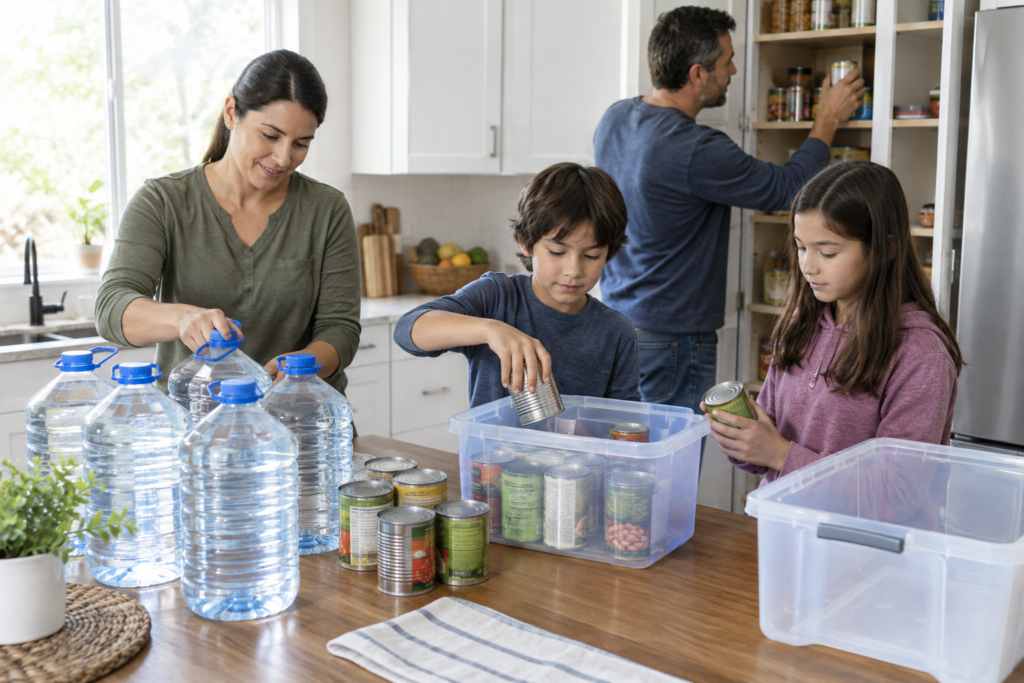 family filling water containers and organizing food