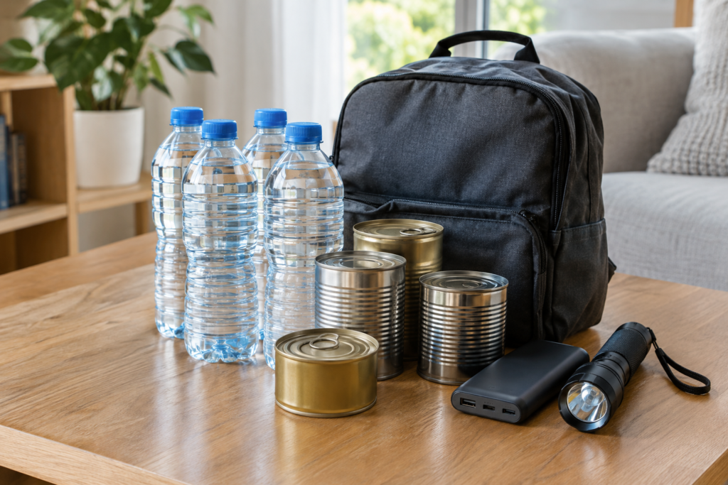 emergency supplies on table with water and cans