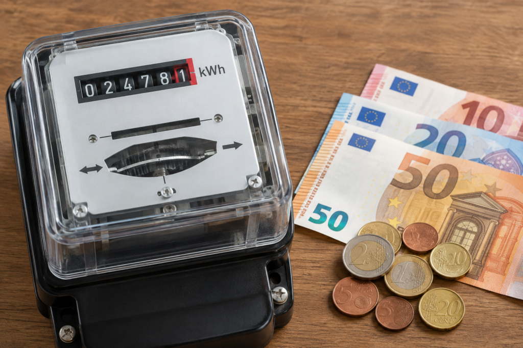 electricity meter with euro currency close-up