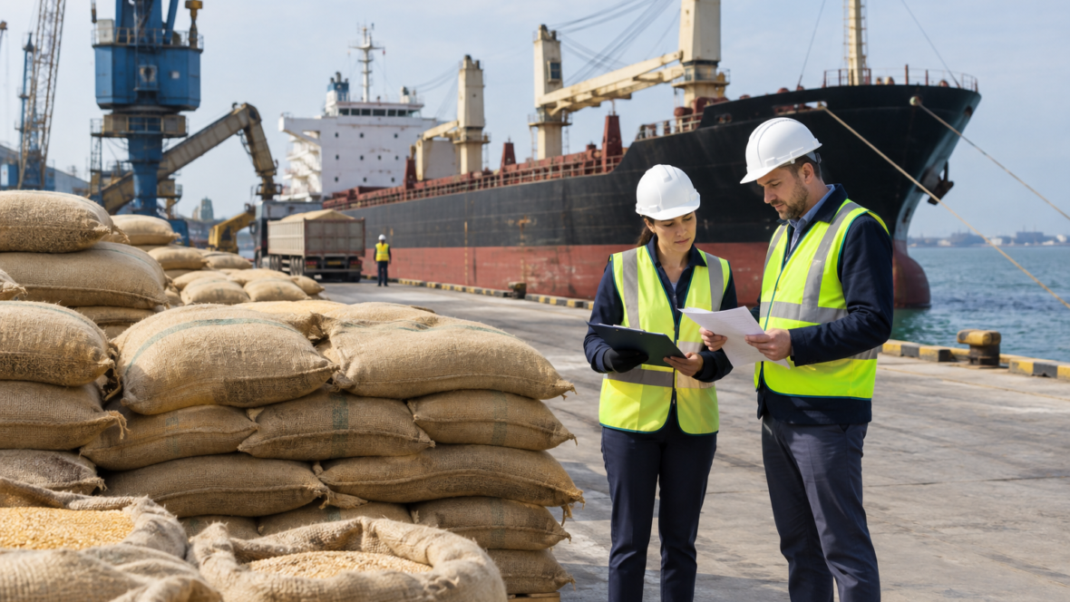grain sacks and inspectors at a port