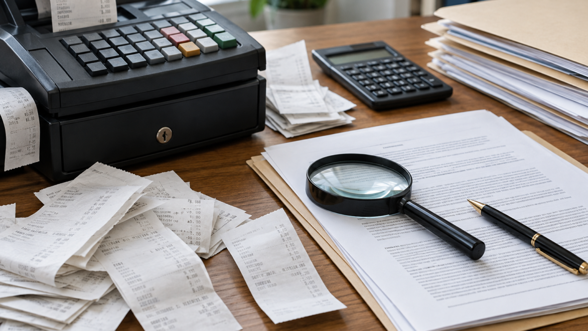 Receipts, cash register and legal documents