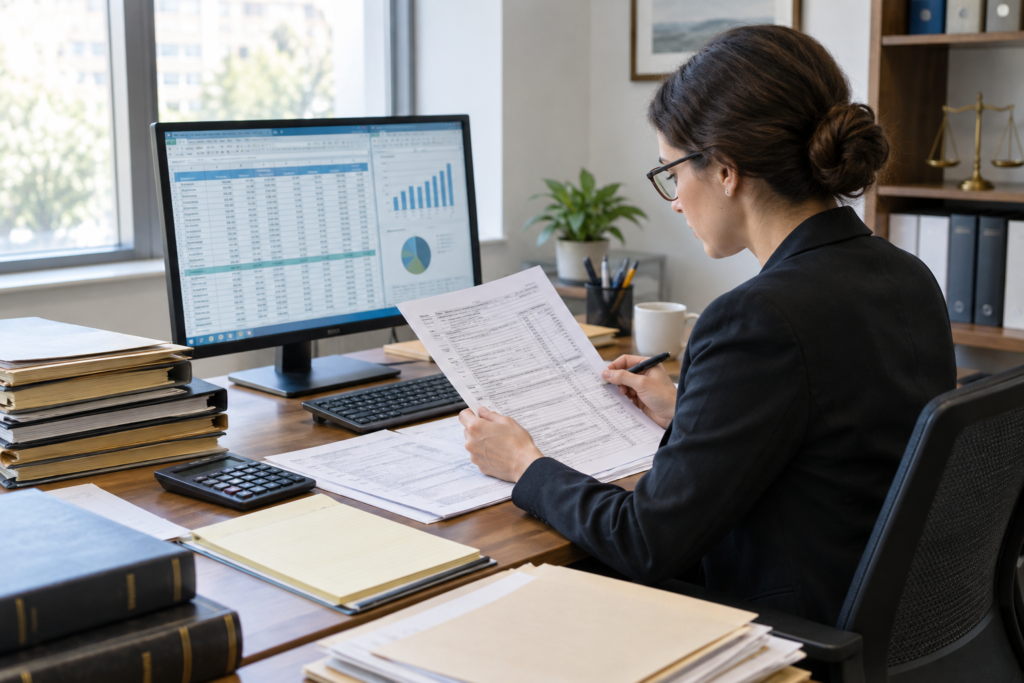 Accountant reviewing tax documents and files