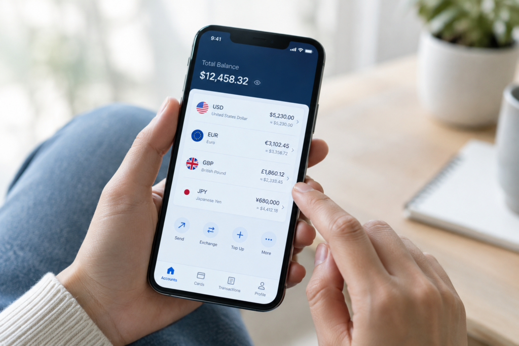 hand holding smartphone with currency balances