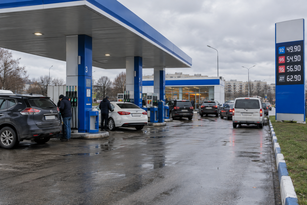АЗС з автомобілями та табло цін на тлі неба