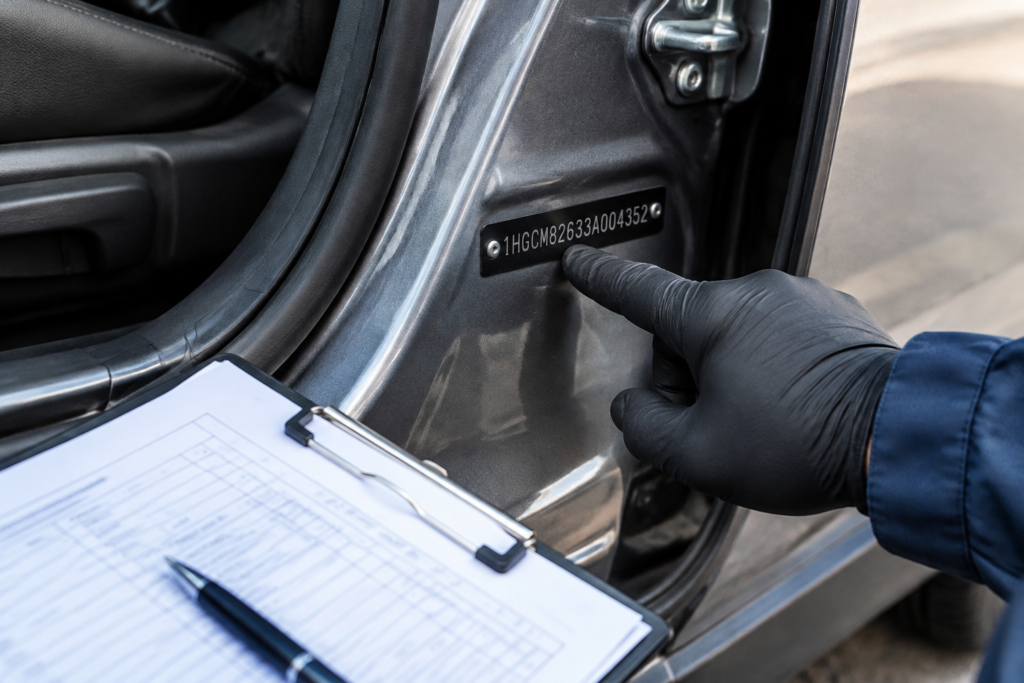 рука перевіряє VIN-платівку на автомобілі