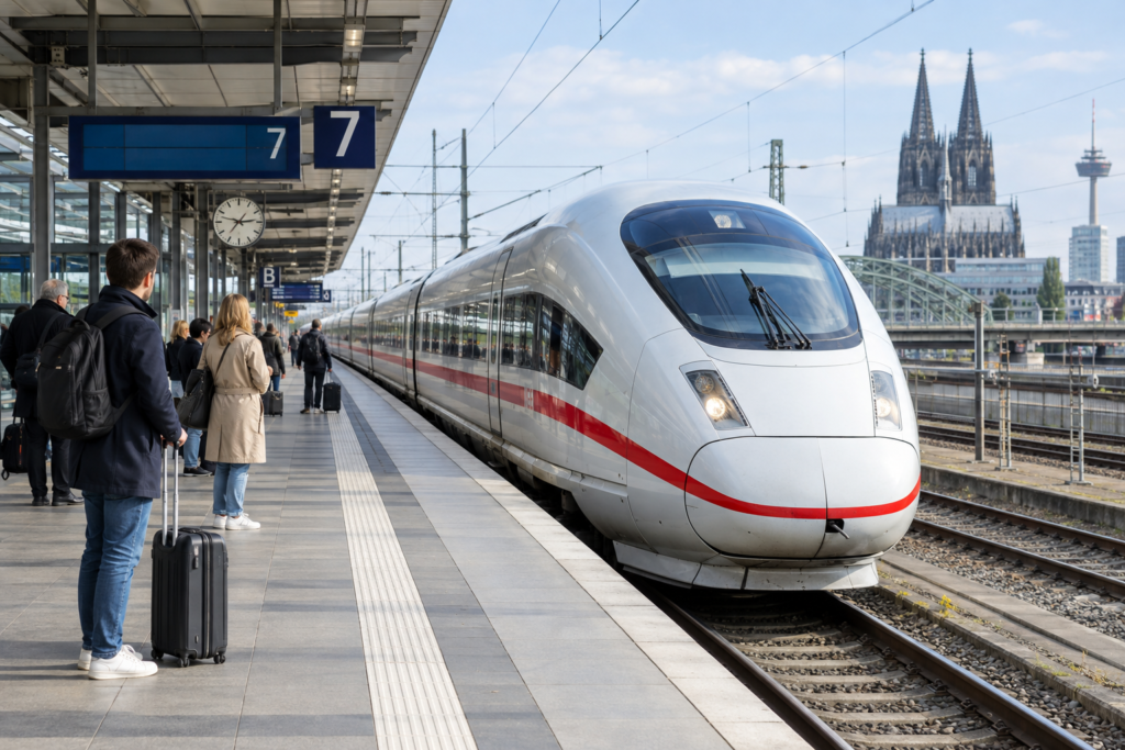 ICE high-speed train at platform with passengers
