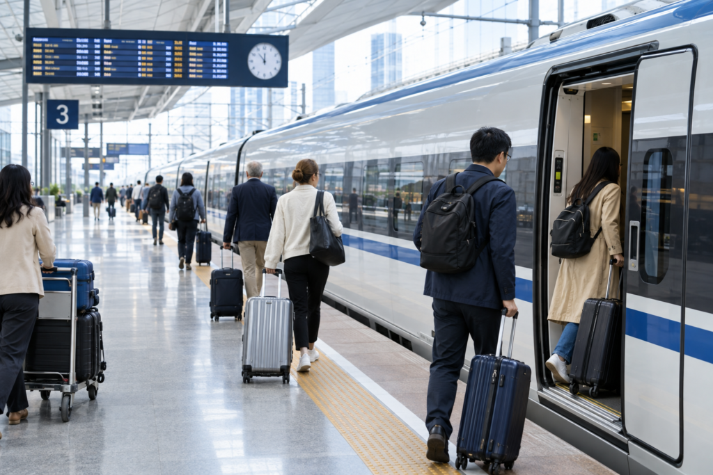Passengers boarding high-speed train at station platform