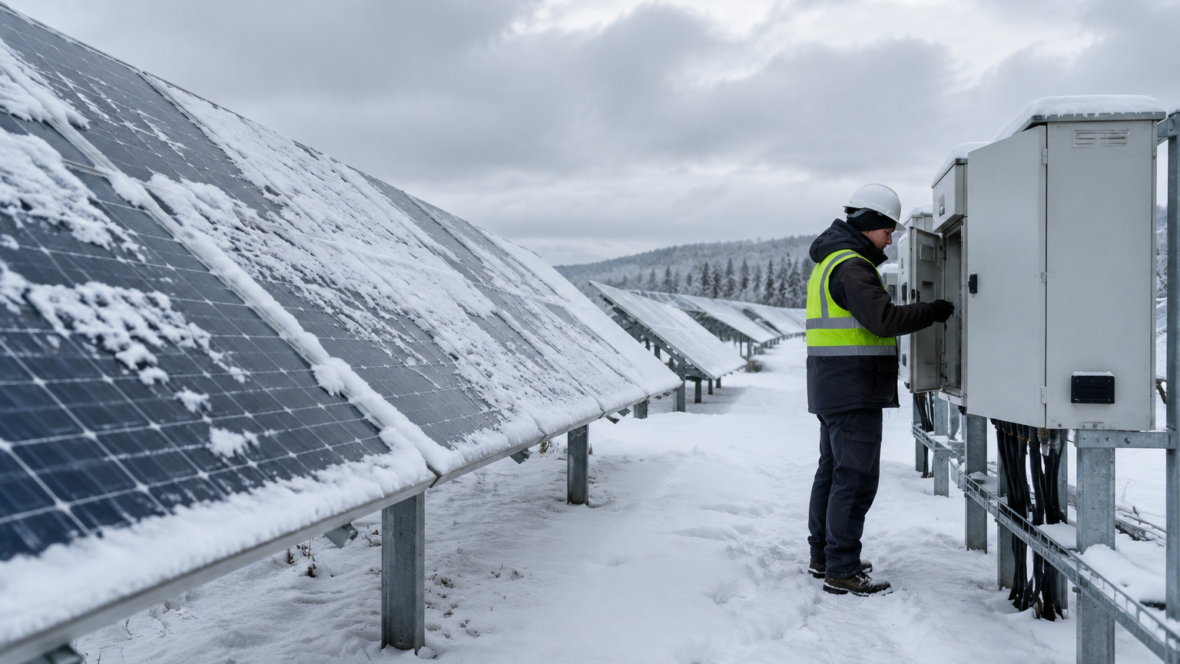 solar farm technician inspecting snow-covered panels