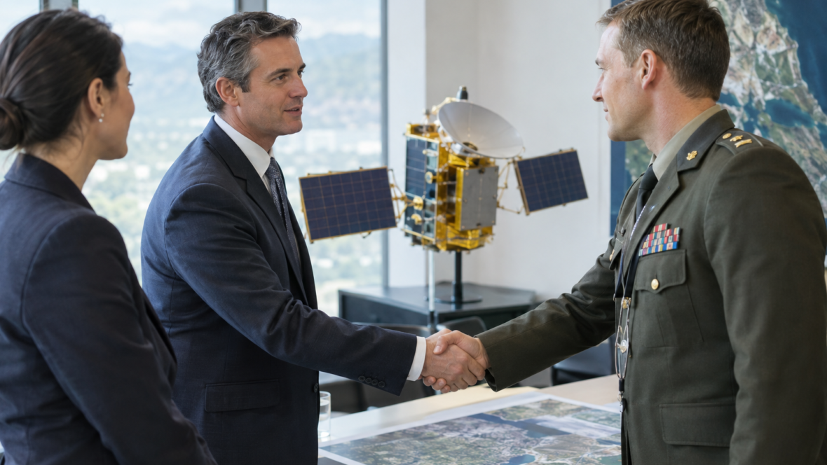 representatives handshake near satellite model and maps