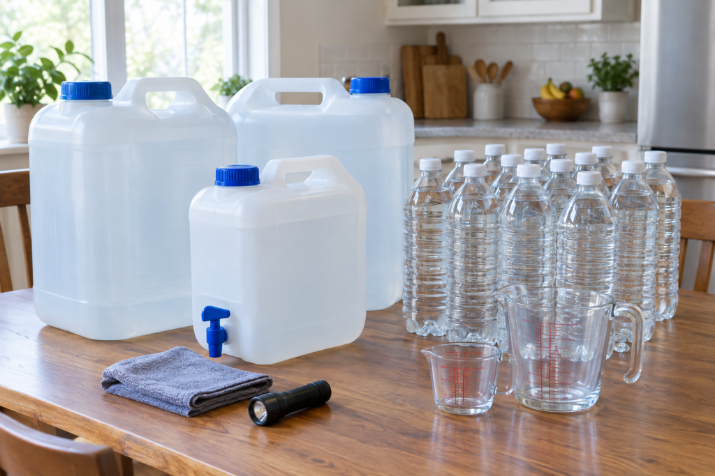 bottles and containers for emergency water storage