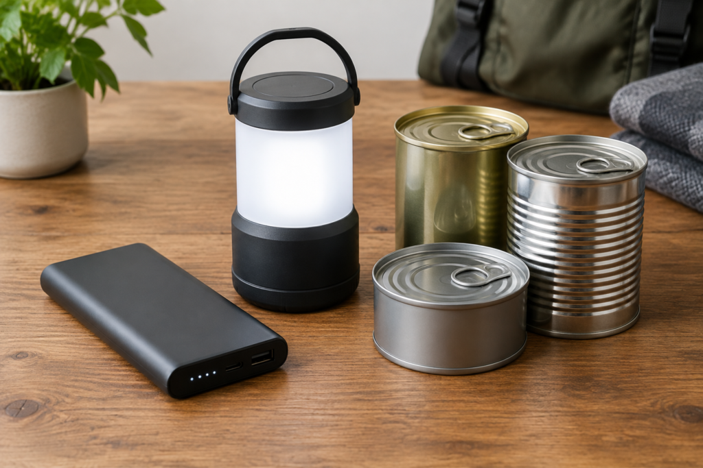 powerbank lamp and canned food supplies on table