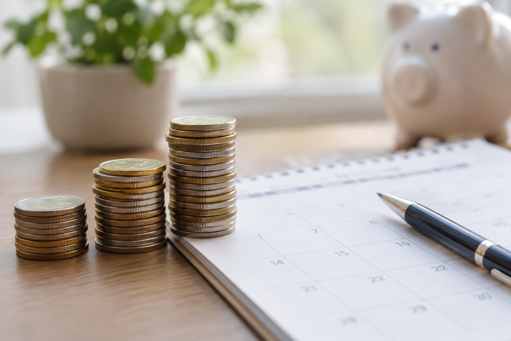 coins next to a calendar and a pen