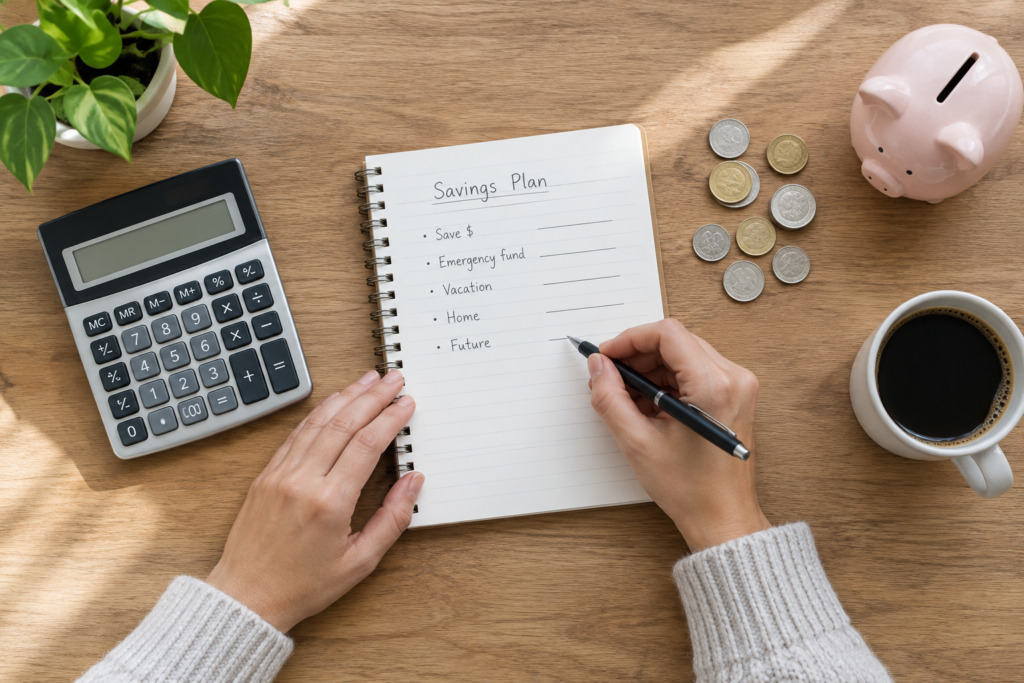 hands noting a financial goal and a calculator