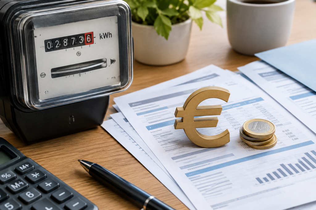 лічильник електроенергії і документи з євро