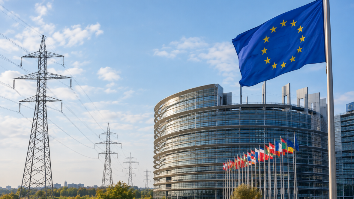 парламент, вишки електромережі та прапор ЄС